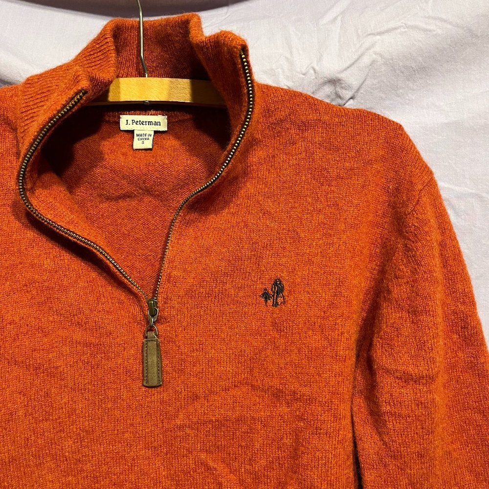 100% Pumpkin Orange Lambswool Half-zip sweater leather elbow patches VVGUC